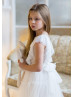 Ivory Lace Tulle Floor Length V Back Boho Flower Girl Dress